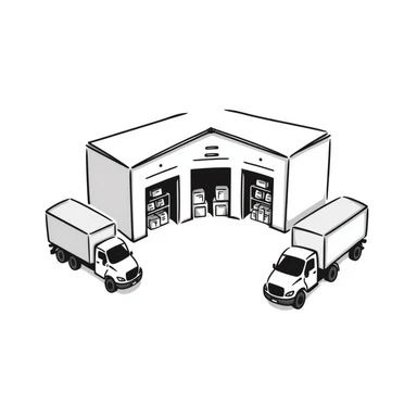 isometric view of an industrial warehouse with loading bay doors, a few parked trucks, and storage shelves visible through open doors sticker