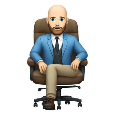 Bald, Caucasian, blue-eyed, Psychotherapist in a modern chair with a full beard sticker