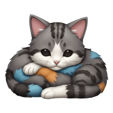 dark grey and white small cat with his eyes closed, leaning his head on his paw while leaning on his elbow lying down sticker