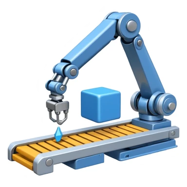 robot arm which is picking blue block on conveyor belt sticker