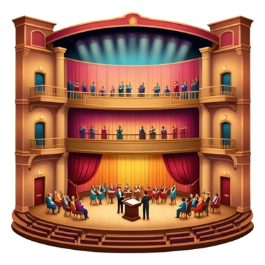 An icon depicting a theater stage with actors performing a play, illuminated by dramatic lighting. The audience watches from colorful balconies, while an orchestra plays in the pit, creating an immersive atmosphere. transparent background. sticker
