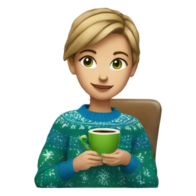 Light brown short haired girl with green eyes drinking coffee wearing blue Christmas sweater sticker