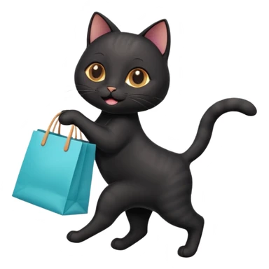 A cute black cat emoji in Apple-style, shown in side view like 🏃, running on four legs with a shopping bag in its mouth. Smooth gradients, soft shading, rounded features, and cheerful mood. sticker