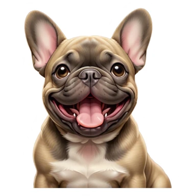 Cinematic Cute Yawning Brindle French Bulldog Portrait Emoji, Head tilted slightly with a dramatic, wide-open yawn, showcasing a sleek brindle coat with subtle fawn highlights, floppy ears slightly drooping, round dark eyes barely open in drowsy contentment, Simplified yet irresistibly adorable features, highly detailed, glowing with a soft, cozy glow, high shine, relaxed yet expressive, stylized with a touch of whimsy, bright and endearing, soft glowing outline, capturing the essence of a sleepy yet affectionate companion, so drowsy it feels like it could stretch out of the screen and curl up for a nap! sticker