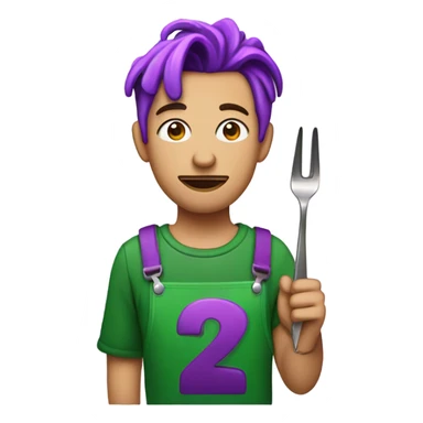 A peach skin man with purple hair and a green jumpsuit that has the number 230 on the jumpsuit and he is holding up a fork that has red paint dripping on it sticker