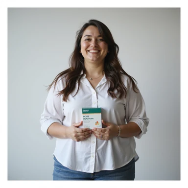 hyperrealistic 4K vertical 9:16 image of an overweight woman with PCOS standing on isolated white background, holding a box of Metformin, hopeful or determined expression, clinical atmosphere sticker