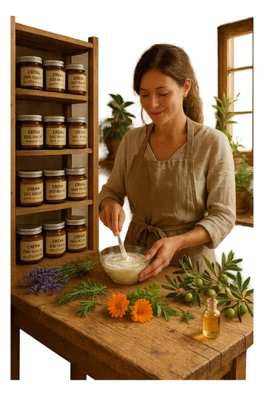A realistic, high-quality photo of a small artisan skincare laboratory in Italy, with wooden shelves displaying beautifully packaged glass jars of natural creams made with herbal and botanical extracts, olive oil, and essential oils, clearly labeled ‘100% Natural’ and ‘Artisan Made in Italy’. The scene includes a bright, sunlit rustic workspace with plants, fresh lavender, rosemary, calendula flowers, and olive branches on the wooden counter, symbolizing purity and nature. A female artisan in a linen apron is carefully mixing creams in a glass bowl, smiling softly. The environment feels warm, authentic, and eco-friendly, emphasizing the concept of handcrafted skincare without synthetic chemicals sticker