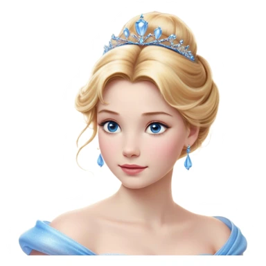 Cinematic Realistic Cinderella Portrait, depicted with lifelike skin texture, subtle rosy undertones, and soft natural lighting that enhances the gentle contours of her face. Her intricately detailed golden blonde hair is elegantly styled in an updo, with delicate wisps framing her face for added realism. Her deep, expressive blue eyes radiate warmth and sincerity, reflecting a quiet resilience and grace. She is dressed in her iconic ball gown, the fabric shimmering with intricate embroidery and fine translucent layers that catch the light beautifully. The soft sheen of satin gloves and the delicate sparkle of a glass-like slipper peeking from beneath her dress add a touch of magical realism. The portrait features an enchanting glow with a natural, luminous finish, seamlessly blending realism and fairytale charm to evoke a sense of depth, elegance, and timeless beauty. sticker