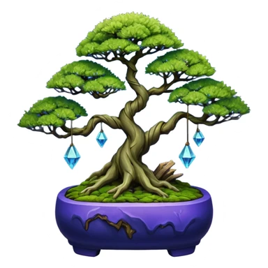 Futuristic wild glowing space alien moss maples shohin Bonsai hair-pine-leaf group multi faceted intricate crystalline-inspired boxwood purple blue informal rocky cliffhanger eight trees forest planting in shallow willow slab style pot with big animal-like feet  sticker