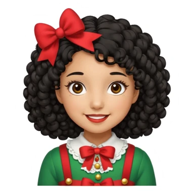 cute girl tan skin, curly black hair chin length, middle part, long eyelashes, cute cheeks, 5'2, outfit croquette style with bows and christmas theme, smiling,  no bangs sticker