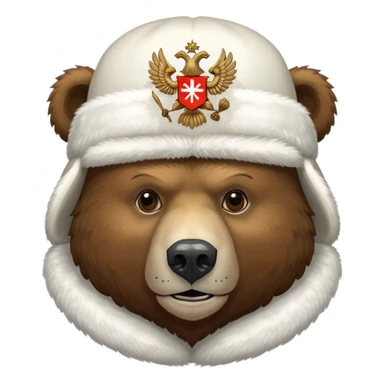 Russian brown bear head only, wearing white furry ushanka hat with realistic double-headed eagle coat of arms in the center, iOS emoji style sticker