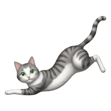 grey and white cat with green eyes doing a big extremely long stretch reaching up into the air with arms and legs side by side together straight and overextended whilst lying on its side sticker