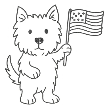 Westie dog waving a US flag, hand drawn black outline style sticker