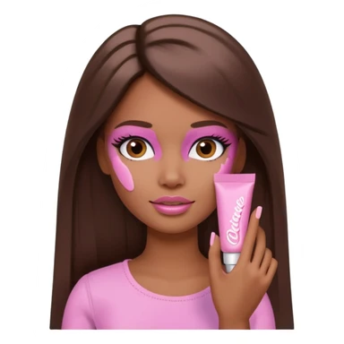 Barbie girl brown long Straight hair and brown eyes is In pale pink smears by hand cosmetic cream on her face sticker