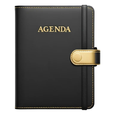 A closed black Moleskine notebook with 'AGENDA' embossed on the cover, professional meeting planner sticker