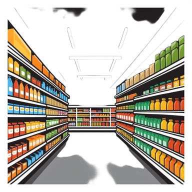 inside large grocery store with aisles full of products sticker