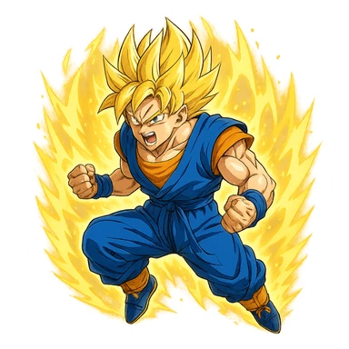Son Goku, Super Saiyan form, golden spiky hair, blue and orange gi, energy aura, dynamic anime style sticker