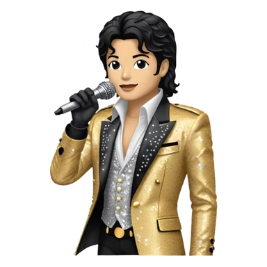 Create a dynamic and stylish emoji representing pop vocal performance with a vintage stage microphone as the central element, surrounded by iconic elements of Michael Jackson’s stage presence. Include a silhouette of his famous glittering jacket or sequined gloves, paired with the microphone to evoke his unique style. Add dramatic musical notes swirling around the microphone and jacket to symbolize the energy and showmanship of pop vocals. Use bold colors like gold, black, silver, and white to reflect the glamour and electrifying performance of a pop legend. The background should be transparent. sticker