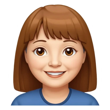 60 yr old woman, very small brown eyes, long straight brown hair, bangs, chubby sticker