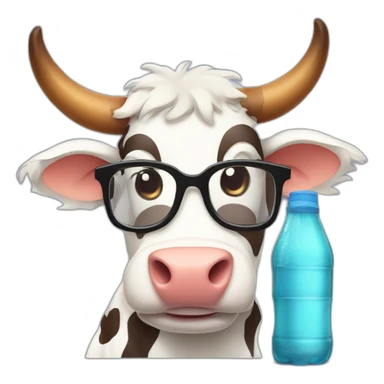 cartoon style cow with glasses drinking bear from bottle sticker