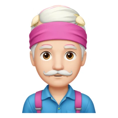 young climber boy with white hair and pink headband and mustache sticker