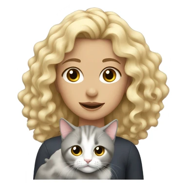 Girl with curly blonde hair holding a grey cat sticker