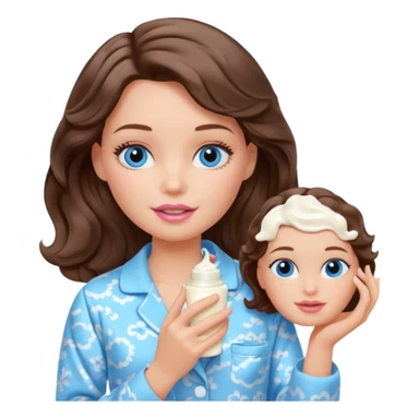 Barbie girl with makeup, blue eyes , and bob long haircut wavy, short brown hair in creamy color pajamas, face cream in hand sticker