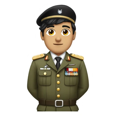 Man with black hair  in a military uniform but without hat and with a moustache and side-swept bangs and with his right hand raised up.And with white skin and Germany flag sticker