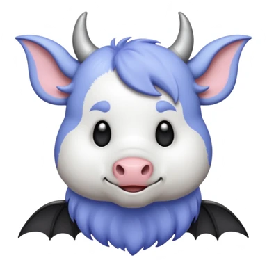 cow and bat hybrid emoji with periwinkle and white as main colors, dark grey accents, bold and clear for Discord and Slack sticker