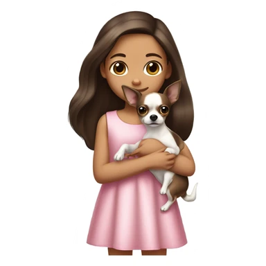 Little Girl with White skin, black eyes. Long brown hair with. She is wearing a pink and White dress, standing and holding on to a Chihuahua  sticker