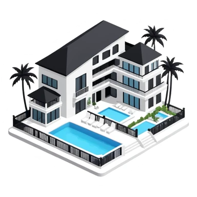 Isometric exterior black and white beach resort hotel, modern dollhouse style 3D realistic  sticker