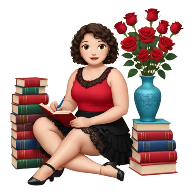 A plus-size brunette woman with short, dark brown curly hair is wearing a red sleeveless shirt and a black lace ruffled skirt. She is sitting on the floor with her legs crossed, holding a crayon in one hand. On the floor are five stacked colorful books and a glass vase with red roses. sticker