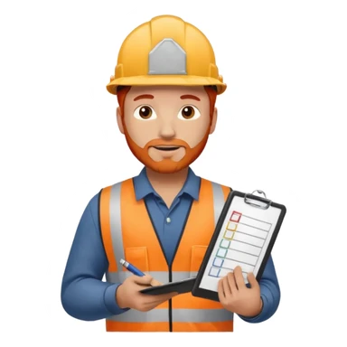 A safety construction worker who is male and has red hair, no beard but slight facial scruff from time to time. He needs a hard hat and maybe a clipboard with a check list for his safety checks. sticker