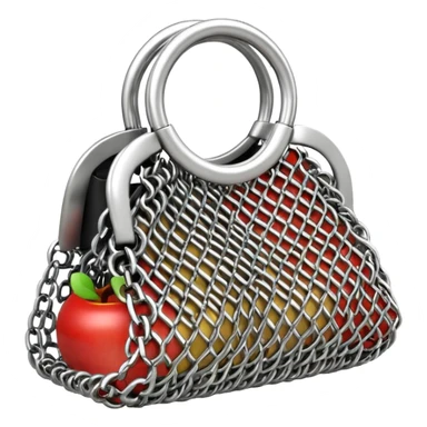 3D render of Mesh Purse, made of interlocking chainmail metal rings, wire mesh texture, visible holes and negative space, metallic silver and grey, high contrast shadows, Apple emoji style, isolated on white background --v 6.0. sticker