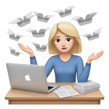 tired woman sitting at a desk with a MacBook, holding her arms out to the side, surrounded by flying papers sticker
