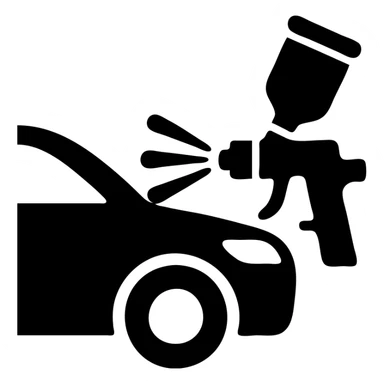solid icon of a paint spray gun aiming at a car section, glossy black paint spraying out, silver details, clean lines, minimal and elegant sticker