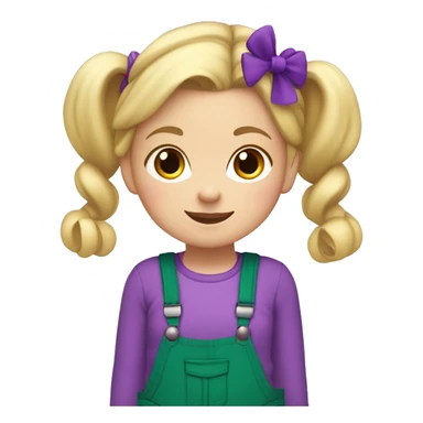 A little blonde girl with pigtails and little purple bows wearing a red long-sleeved shirt and purple overalls skirt with blue tights with green polka dots and purple sneakers. sticker
