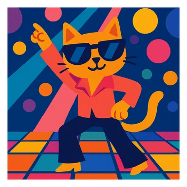 disco cat, wearing sunglasses, groovy pose, colorful lights sticker