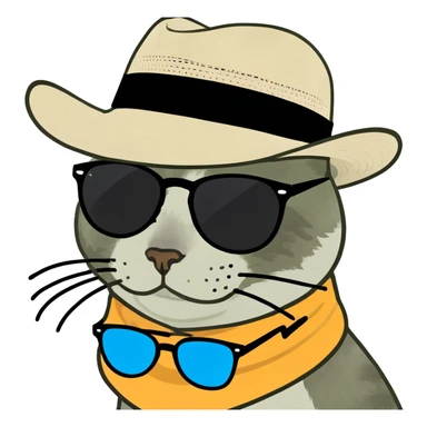 a cat in a summer panama hat with large brim, wearing sunglasses, lying on its stomach with its head resting on the ground sticker