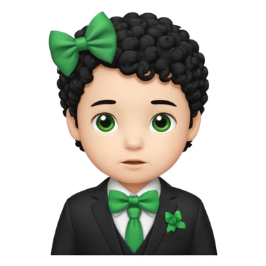 baby boy curly black hair in suit, with green bow sticker
