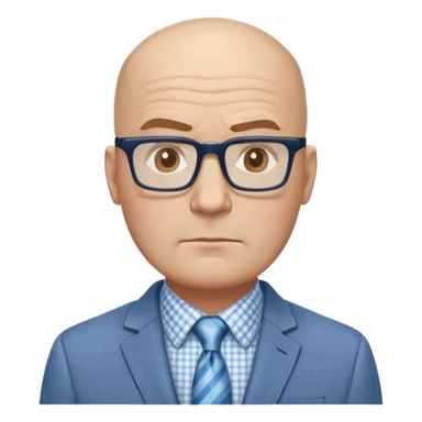 Larger 50-year-old man with wide square face. Male pattern baldness with hair only on top/crown of head, completely bald sides. Large dark square glasses. Serious expression. Light gray blazer, white shirt with blue checkered pattern. sticker