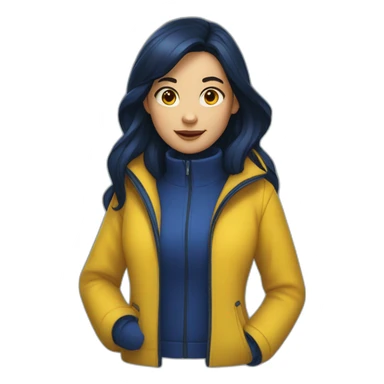 Girl with dark blue mid hair and a red jacket with yellow skin and determinated face sticker