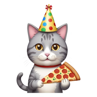 cat with a party hat, confetti around, holding a slice of pizza, college party vibe sticker