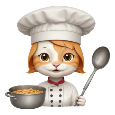 White girl cat with a chef hat holding a pan while smiling sticker