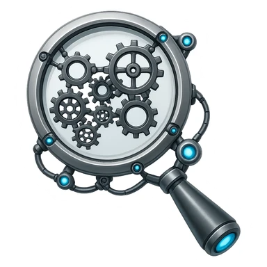Make this magnifying glass look robotic with metallic textures, robotic joints, and glowing blue accents. Keep the emoji style and no background. sticker