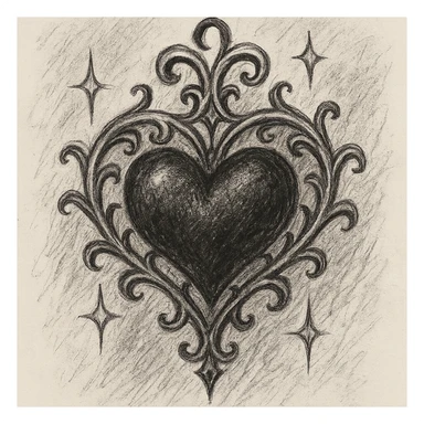 gothic heart with sparkles, ornate, dark, elegant, pencil sketch style sticker