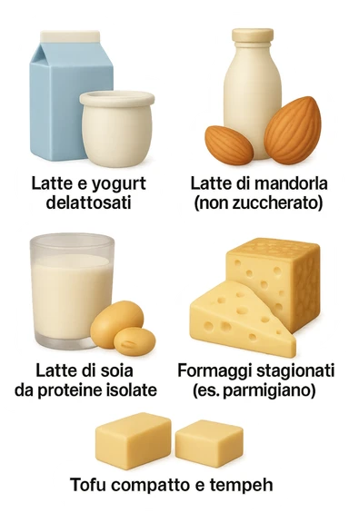 emoji stile iphone 3d di questi elementi che fluttuano in aria:

Latte e yogurt delattosati
Latte di mandorla (non zuccherato)
Latte di soia da proteine isolate
Formaggi stagionati (es. parmigiano)
Tofu compatto e tempeh
 che fluttuano in aria,  le etichette scrivile in italiano, iperealistico 4k sticker