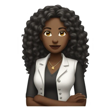 Black woman with long curly hair wearing a white vest sticker