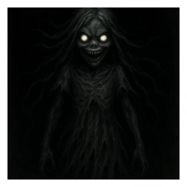 Make the girl ghost even scarier by intensifying the glowing eyes, adding a twisted mouth, and making the dress more ragged. Keep the dark background and style consistent. sticker