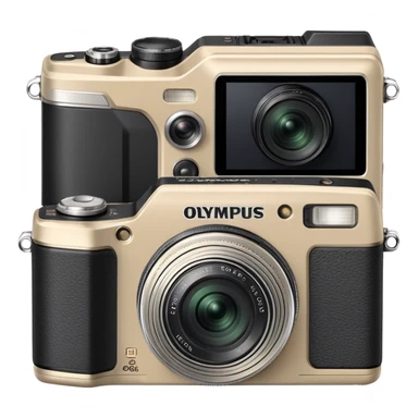 Olympus Superzoom 70G camera, grayish-beige color, accurate representation with correct proportions and silhouette, compact rectangular body with rounded edges, small viewfinder, built-in flash unit on top, lens with zoom functionality, exactly matching the real Olympus Superzoom 70G design sticker